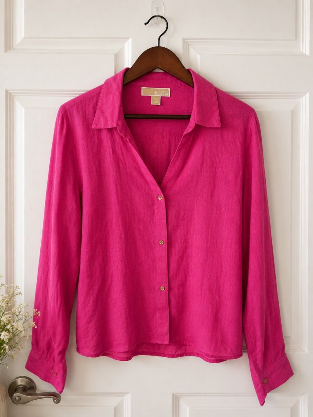 Michael Kors Pink Linen Blend Button Front Shirt Coastal Resort Womens